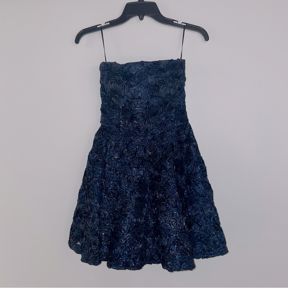 NWT Arrogant Cat Navy Blue Gold Rose Strapless Mini Dress